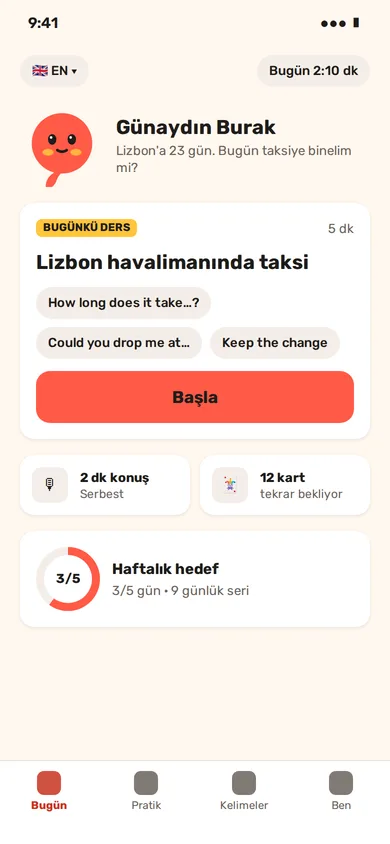Parolu Today screen: a personal greeting, today’s lesson and a weekly goal