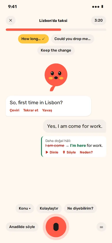 Conversation screen with target phrases, Polu and a correction