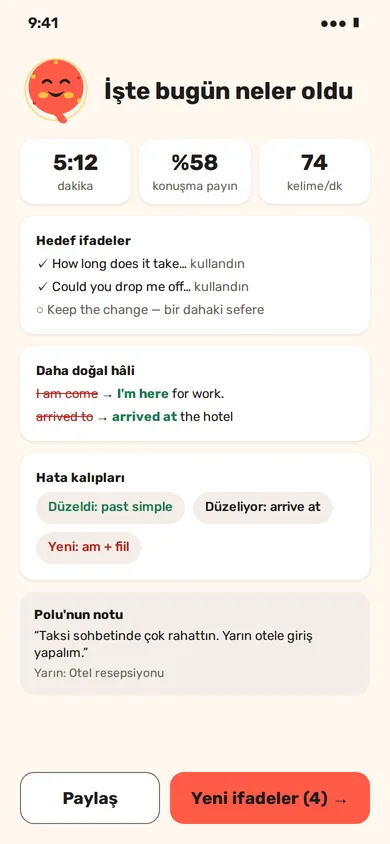 Report after a conversation: minutes, speaking share, natural phrasing and error patterns